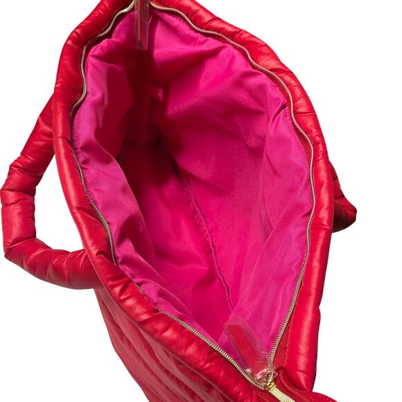 💄 Estée Lauder Red Quilted Puffer Tote Bag — Hot Pink Lining - Picture 5 of 8